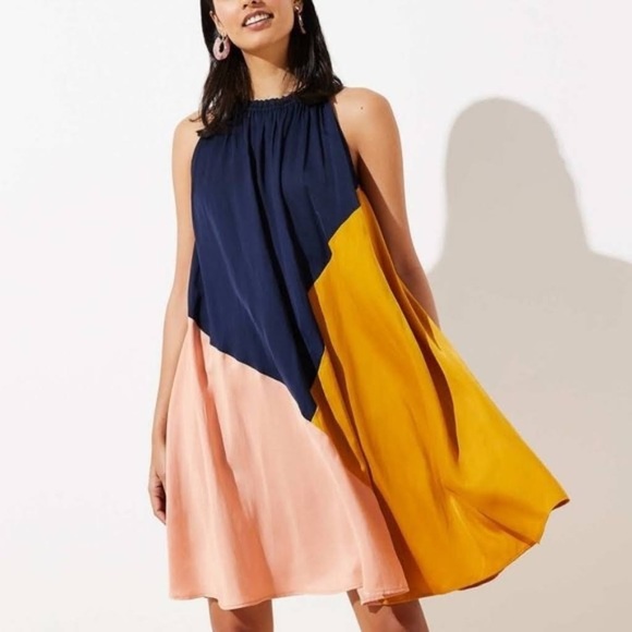 LOFT Colorblock Maxi Dress - Navy, Mustard, and Peach - Picture 1 of 7